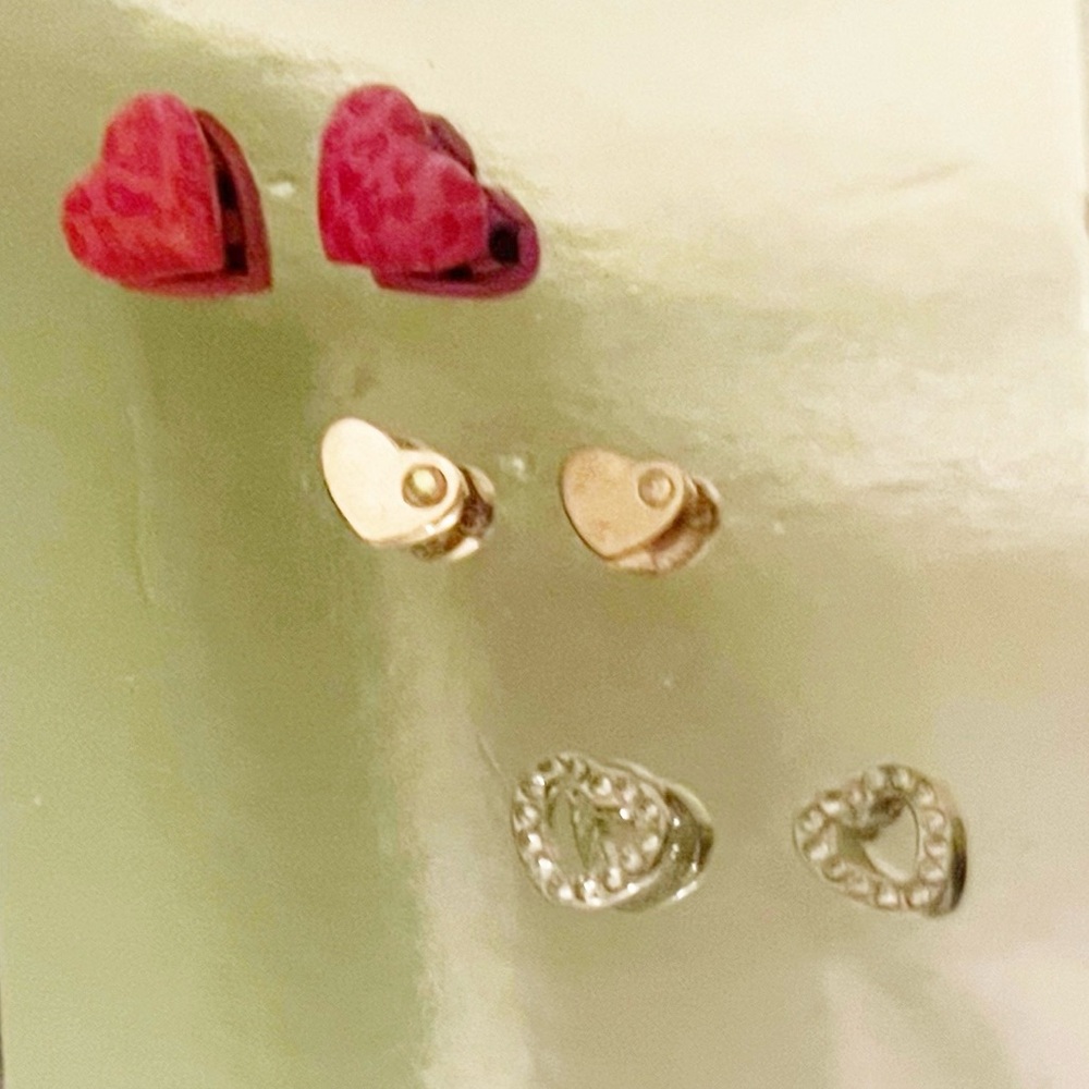 Heart Earrings - 3 Pairs - Pink and Red Leopard, Gold Tone, & Silvertone - New!